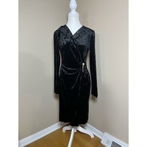Calvin Klein Women's Velvet Draped Wrap Dress Black Embellished V Neck Career
